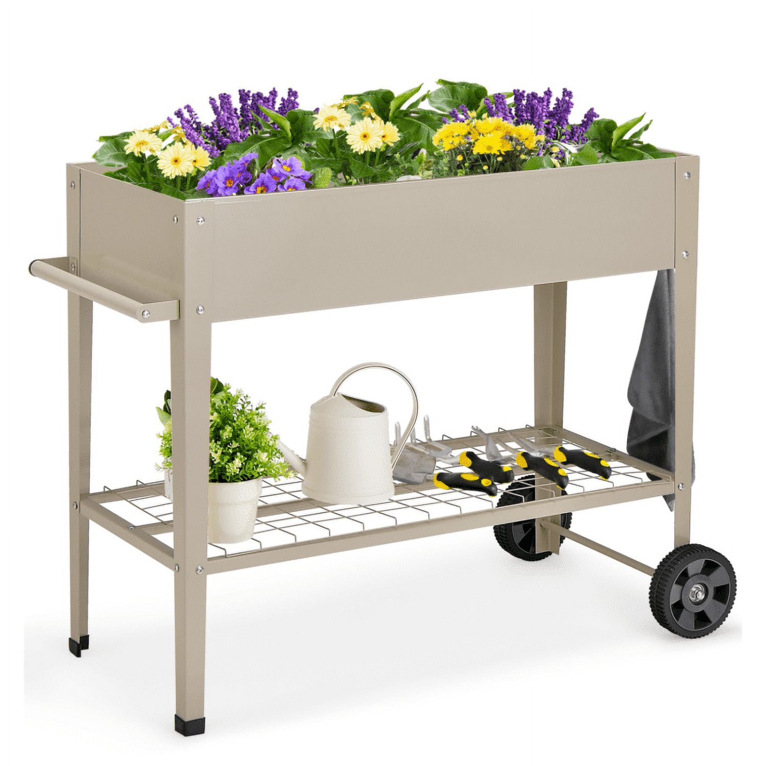 Aimee Lii Metal Raised Garden Bed with Storage Shelf Hanging Hooks and Wheels, Planter Boxes for Garden Yard, Brown