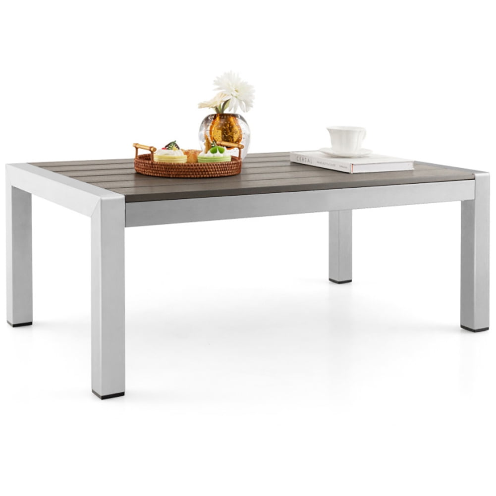 Aimee Lii Modern Rectangular Patio Coffee Table with Plastic Wood Tabletop and Rustproof Aluminum Frame, Outdoor Patio Furniture, Gray