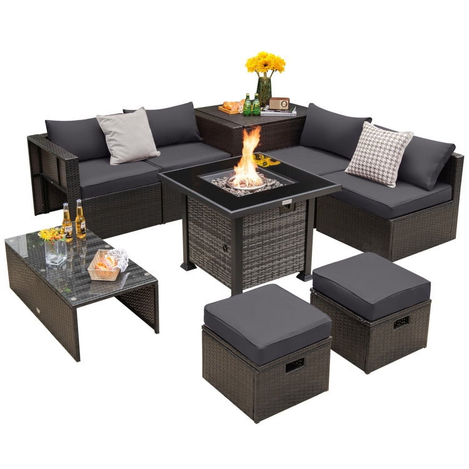 Aimee Lii Outdoor 9 Pieces Patio Furniture Set with Propane Fire Pit Table, Patio Furniture Sets, Gray