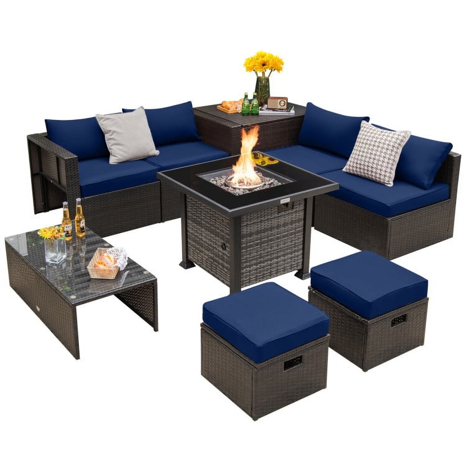 Aimee Lii Outdoor 9 Pieces Patio Furniture Set with Propane Fire Pit Table, Patio Furniture Sets, Navy