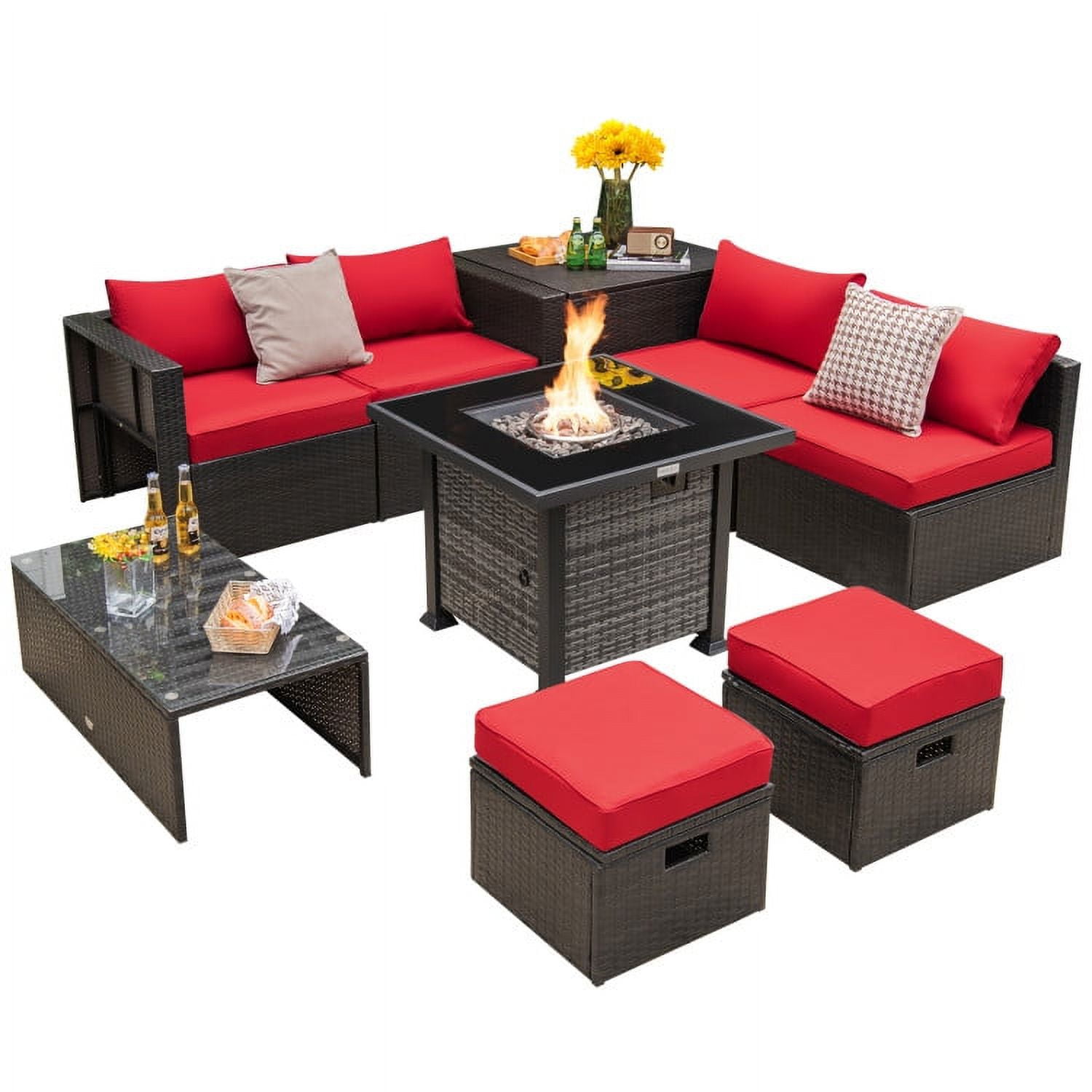 Aimee Lii Outdoor 9 Pieces Patio Furniture Set with Propane Fire Pit Table, Patio Furniture Sets, Red