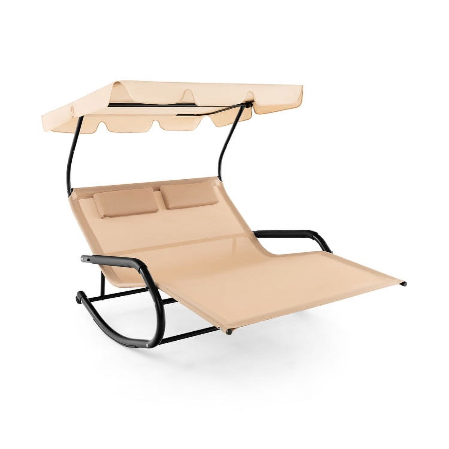 Aimee Lii Outdoor Double Rocking Chair with Awning, Patio Rocker Chair for Lawn, Porch and Garden, Beige Aimee Lii Outdoor Double Rocking Chair with Awning, Patio Rocker Chair for Lawn, Porch and Garden, Beige