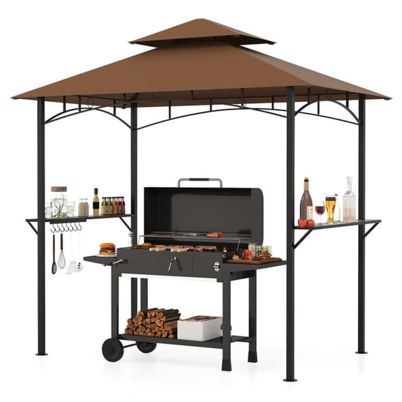 Aimee Lii Outdoor Double-Tiered Grill Patio Canopy Canopy with 2 Shelves and 7 Hooks, Outdoor Canopy for Patio Garden Backyard Pool Deck-Coffee