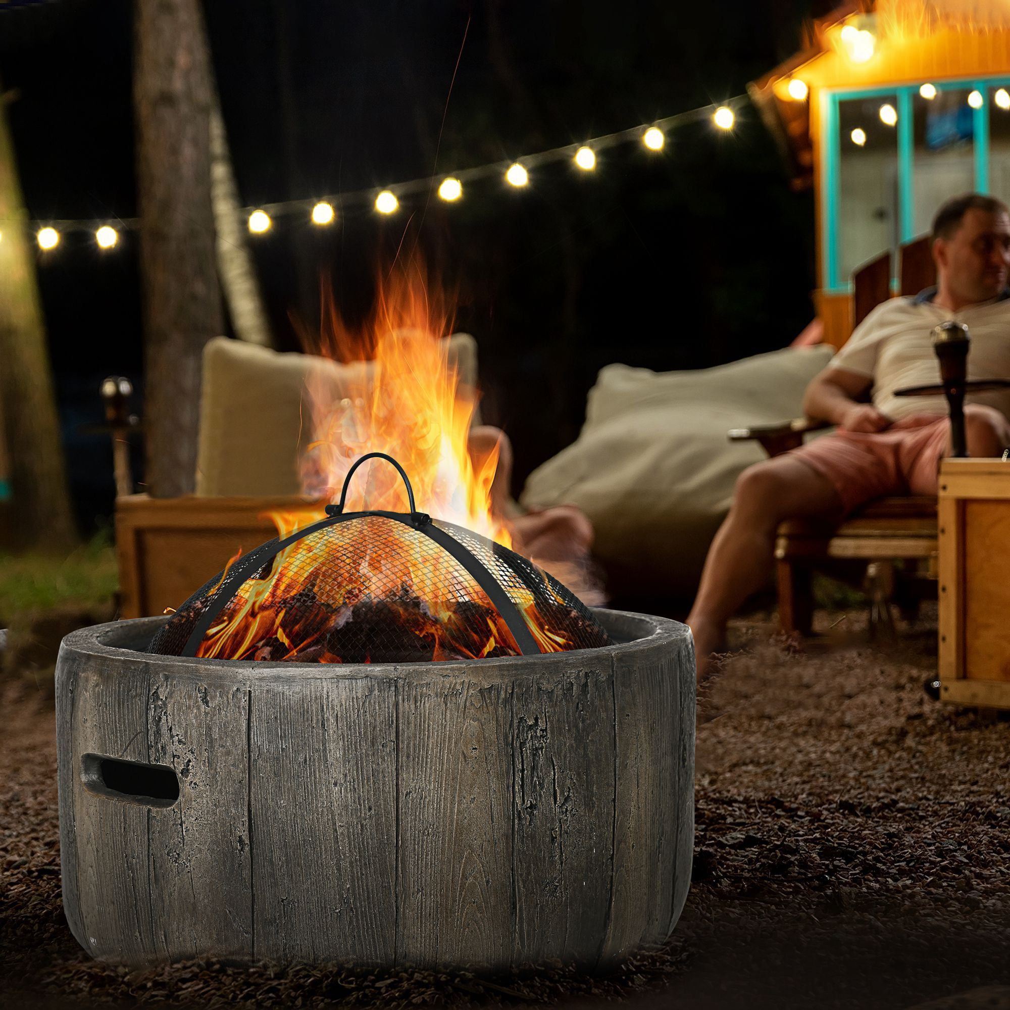 Aimee Lii Outdoor Fire Pit, 18" Metal Wood Burning Fireplace with Spark Cover, Poker, Outdoor Firepit for Camping Bonfire, Patio, Picnic, Backyard, Brown