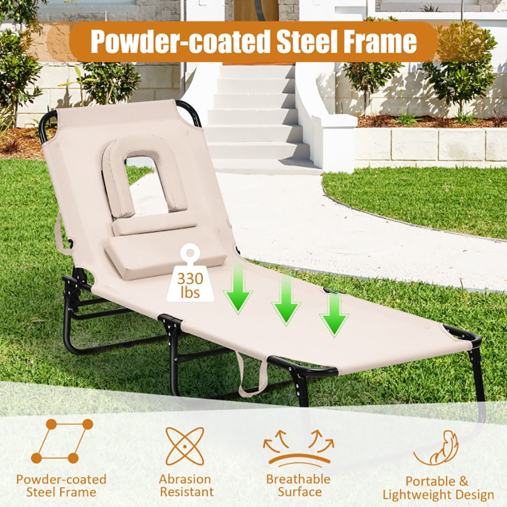 Aimee Lii Outdoor Folding Chaise Beach Pool Patio Lounge Chair Bed with Adjustable Back and Hole, Patio Loungers, Beige