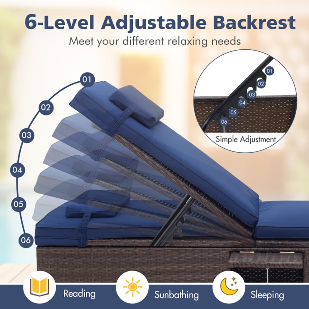 Aimee Lii Outdoor PE Rattan Chaise Lounge with 6-level Backrest, Patio Loungers, Navy