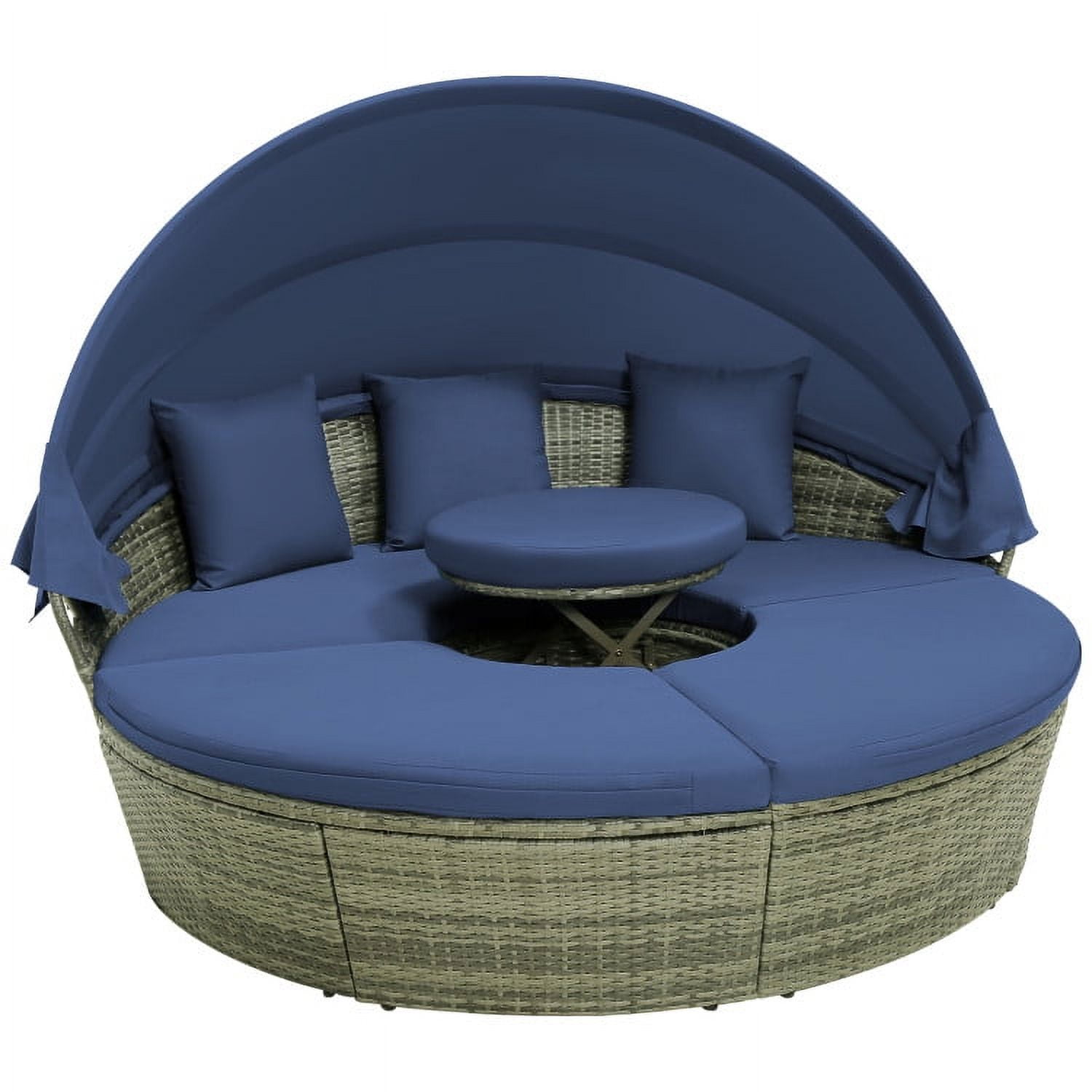 Aimee Lii Outdoor PE Wicker Round Daybed with Retractable Canopy and Cushions, Outdoor Patio Set, Navy