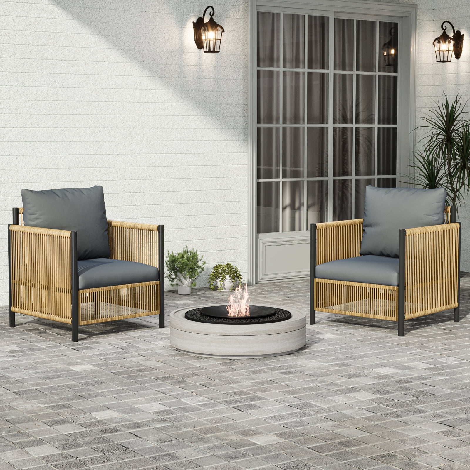 Aimee Lii Outdoor PE Wicker Sofa Set for Outdoor Balcony Porch Garden Backyard Lawn, 2 Pieces Single Sofa with Gray Cushion, Brown