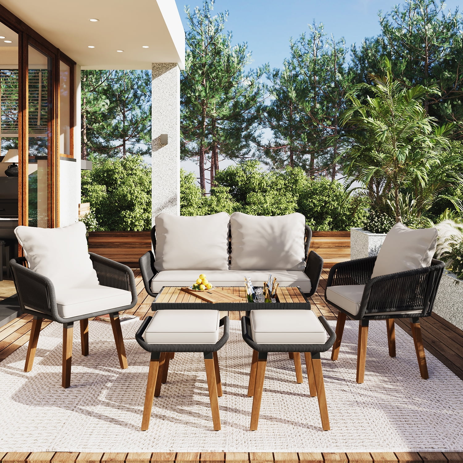 Aimee Lii Outdoor Patio Acacia Wood & Rope 6-Piece Furniture Set with Ice Bucket, Patio Conversation Set with Ottomans, Beige