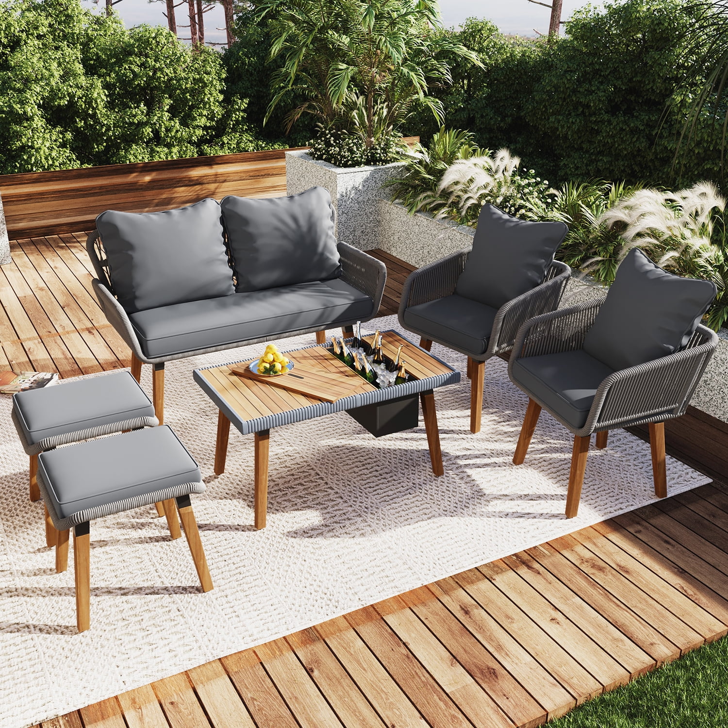 Aimee Lii Outdoor Patio Acacia Wood & Rope 6-Piece Furniture Set with Ice Bucket, Patio Conversation Set with Ottomans, Gray