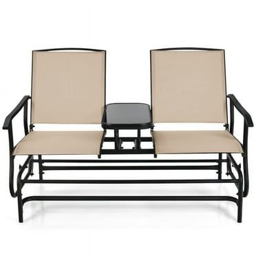 Aimee Lii Outdoor Patio Furniture Set, 2-Person Double Rocking Loveseat with Mesh Fabric and Center Tempered Glass Table, Light Brown