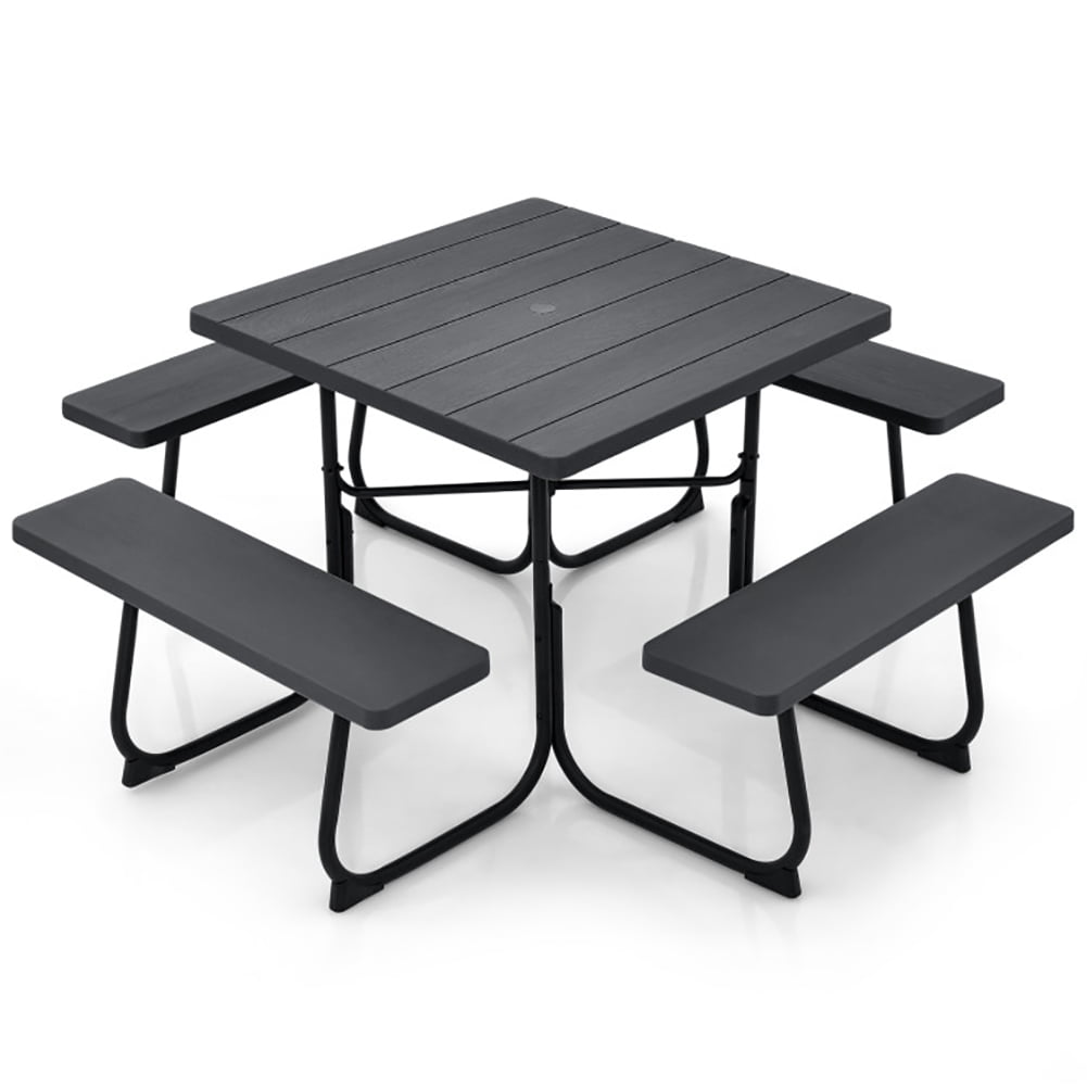 Aimee Lii Outdoor Picnic Table with 4 Benches and Umbrella Hole, Outdoor Patio Furniture, Black