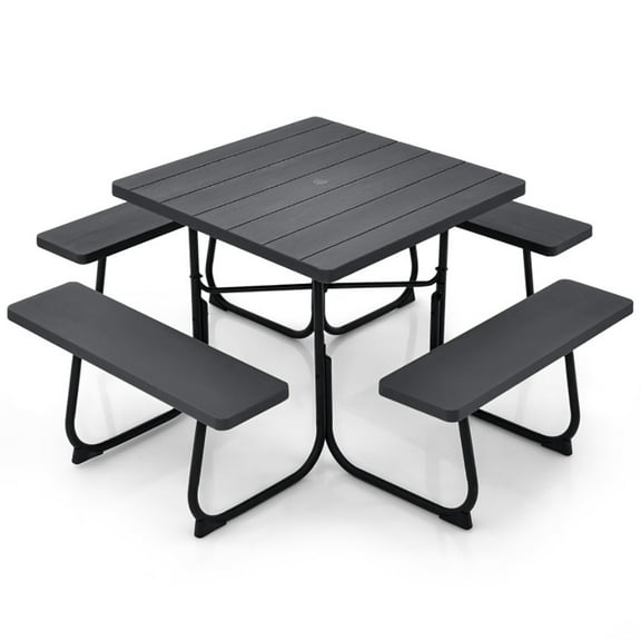 Aimee Lii Outdoor Picnic Table with 4 Benches and Umbrella Hole, Outdoor Patio Furniture, Black