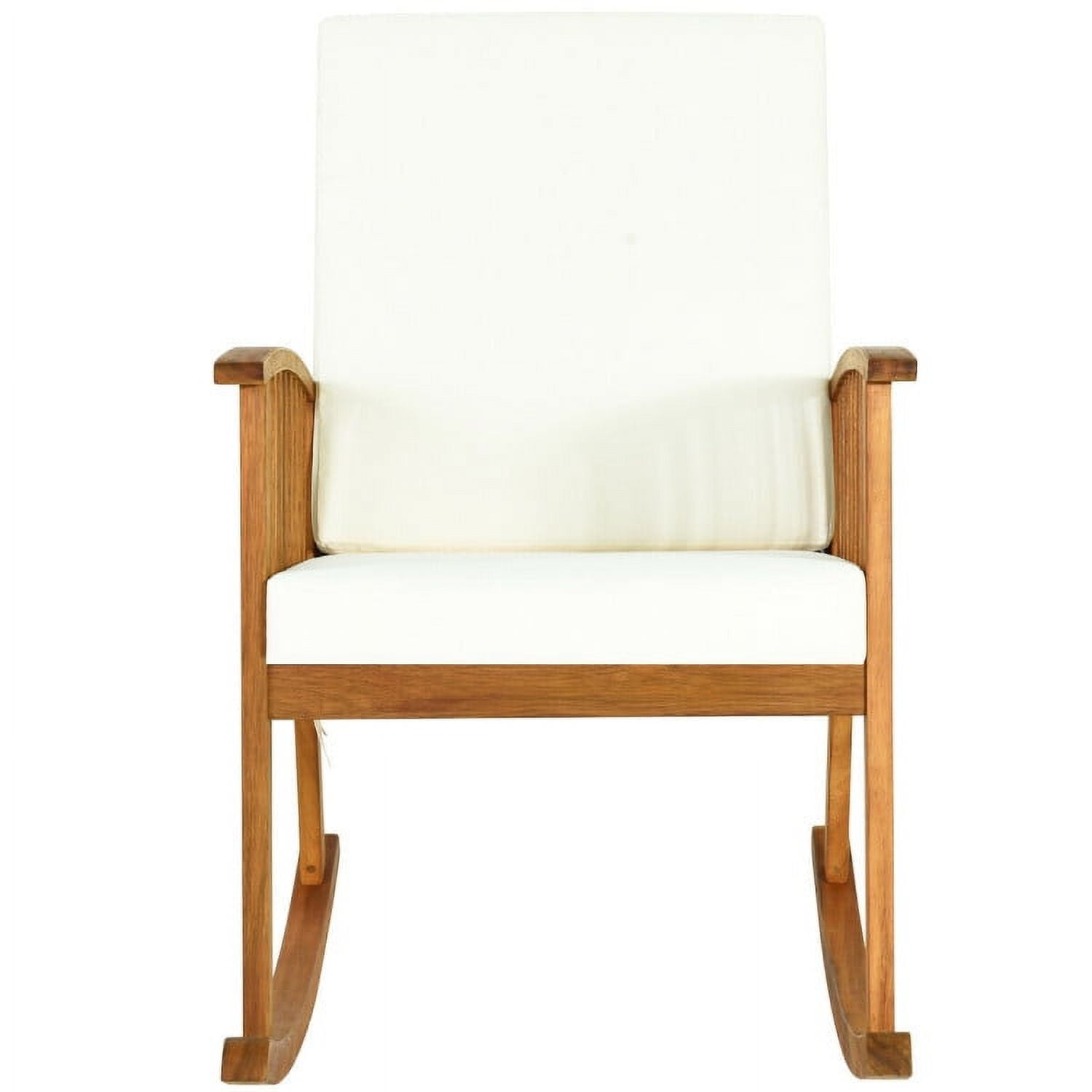 Aimee Lii Outdoor Rocking Chair with Cushion, Patio Wooden Rocker Chair for Lawn, Porch, Backyard, Indoor and Garden, White+Natural