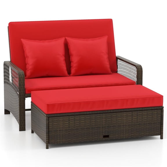 Aimee Lii Patio Adjustable Wicker Daybed with 4-Level Backrest and Soft Cushions, Outdoor Patio Furniture for Backyard, Garden-Red