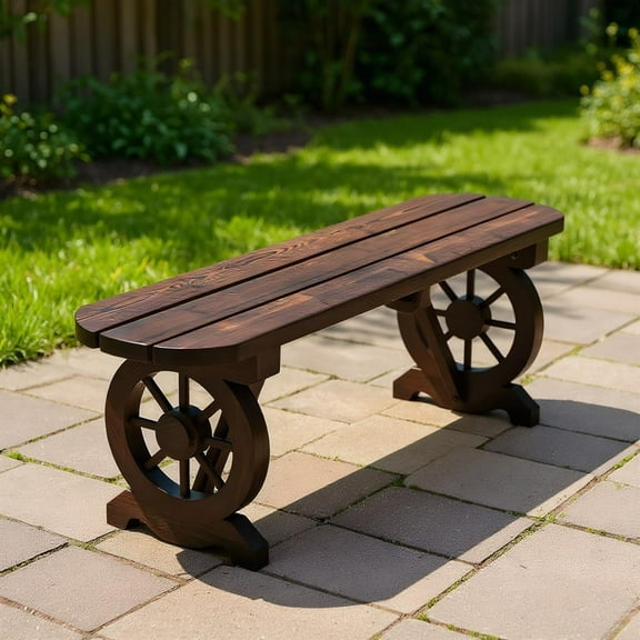 Aimee Lii Patio Rustic Wood Bench with Wagon Wheel Base, Outdoor Patio Furniture
