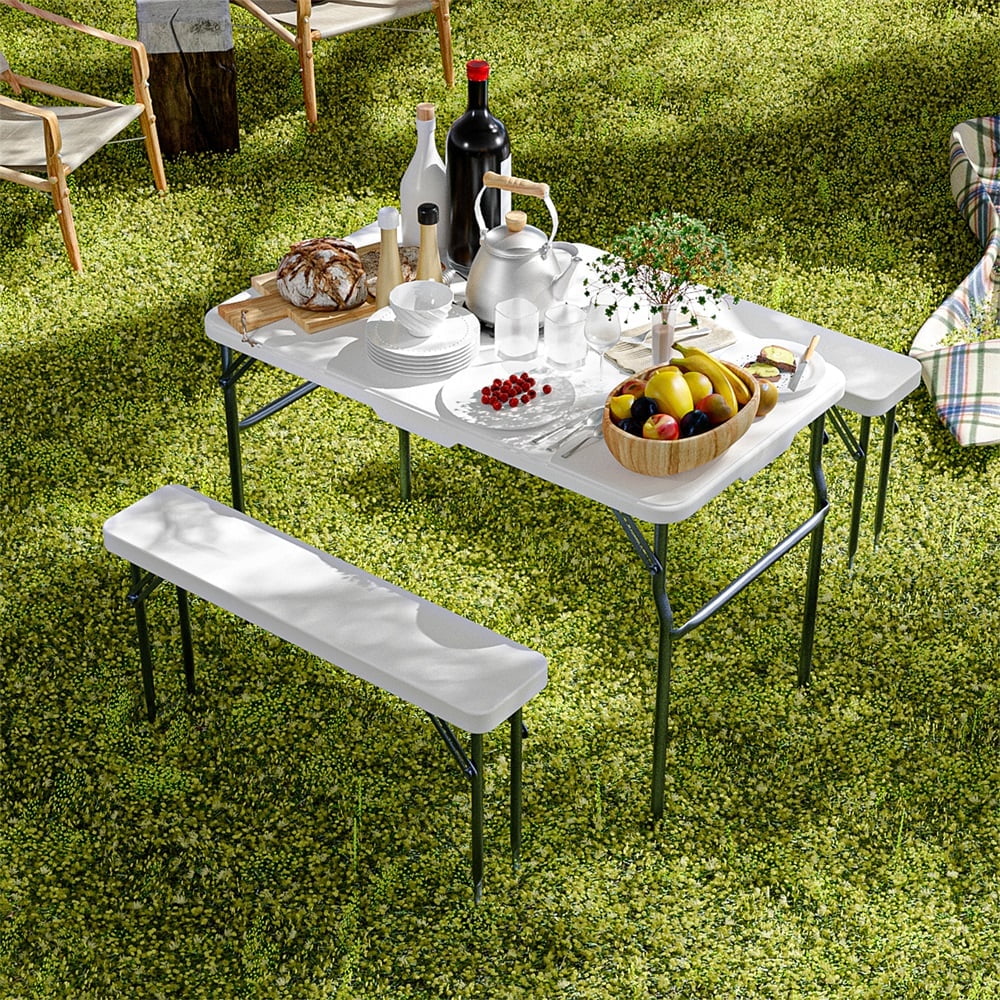 Aimee Lii Picnic Table Set with 2 Benches, Indoor Outdoor Portable Folding Picnic Table, Outdoor Furniture for Party, Camping, White Aimee Lii Picnic Table Set with 2 Benches, Indoor Outdoor Portable Folding Picnic Table, Outdoor Furniture for Party, Camping, White