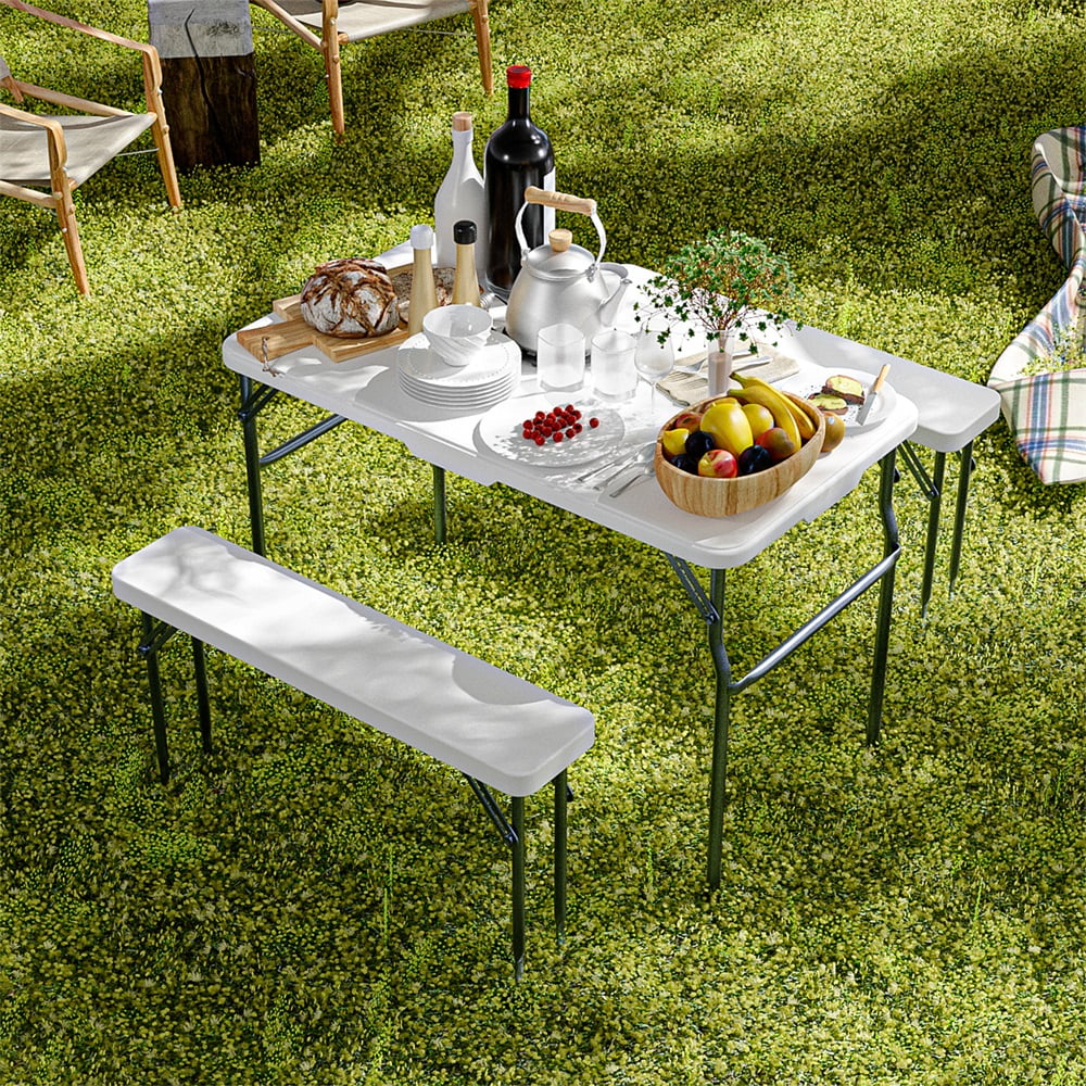 Aimee Lii Picnic Table Set with 2 Benches, Indoor Outdoor Portable Folding Picnic Table, Outdoor Furniture for Party, Camping, White Aimee Lii Picnic Table Set with 2 Benches, Indoor Outdoor Portable Folding Picnic Table, Outdoor Furniture for Party, Camping, White