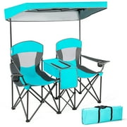 Aimee Lii Portable Folding Camping Canopy Chairs with Cup Holder, Double Camping Chair with Canopy, Turquoise