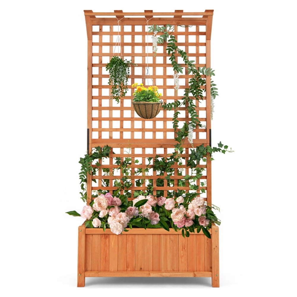 Aimee Lii Raised Garden Bed with Trellis and Hanging Roof, Vertical Shelf Flower Display Rack Holder, Outdoor Garden Potting Bench for Patio Porch Garden, Natural Aimee Lii Raised Garden Bed with Trellis and Hanging Roof, Vertical Shelf Flower Display Rack Holder, Outdoor Garden Potting Bench for Patio Porch Garden, Natural