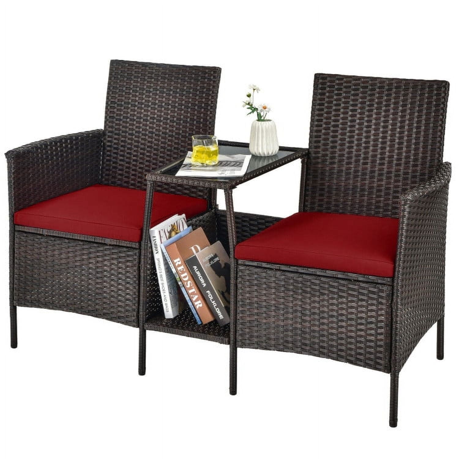 Aimee Lii Rattaner Outdoor Patio Furniture, Patio Rattan Wicker Conversation Set Sofa Cushioned Loveseat Glass Table, Red Aimee Lii Rattaner Outdoor Patio Furniture, Patio Rattan Wicker Conversation Set Sofa Cushioned Loveseat Glass Table, Red