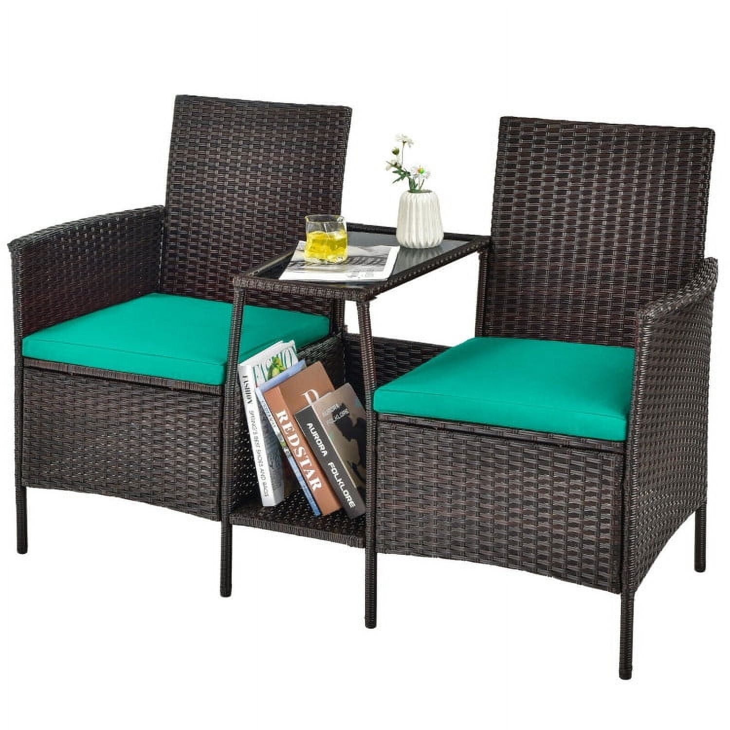 Aimee Lii Rattaner Outdoor Patio Furniture, Patio Rattan Wicker Conversation Set Sofa Cushioned Loveseat Glass Table, Turquoise