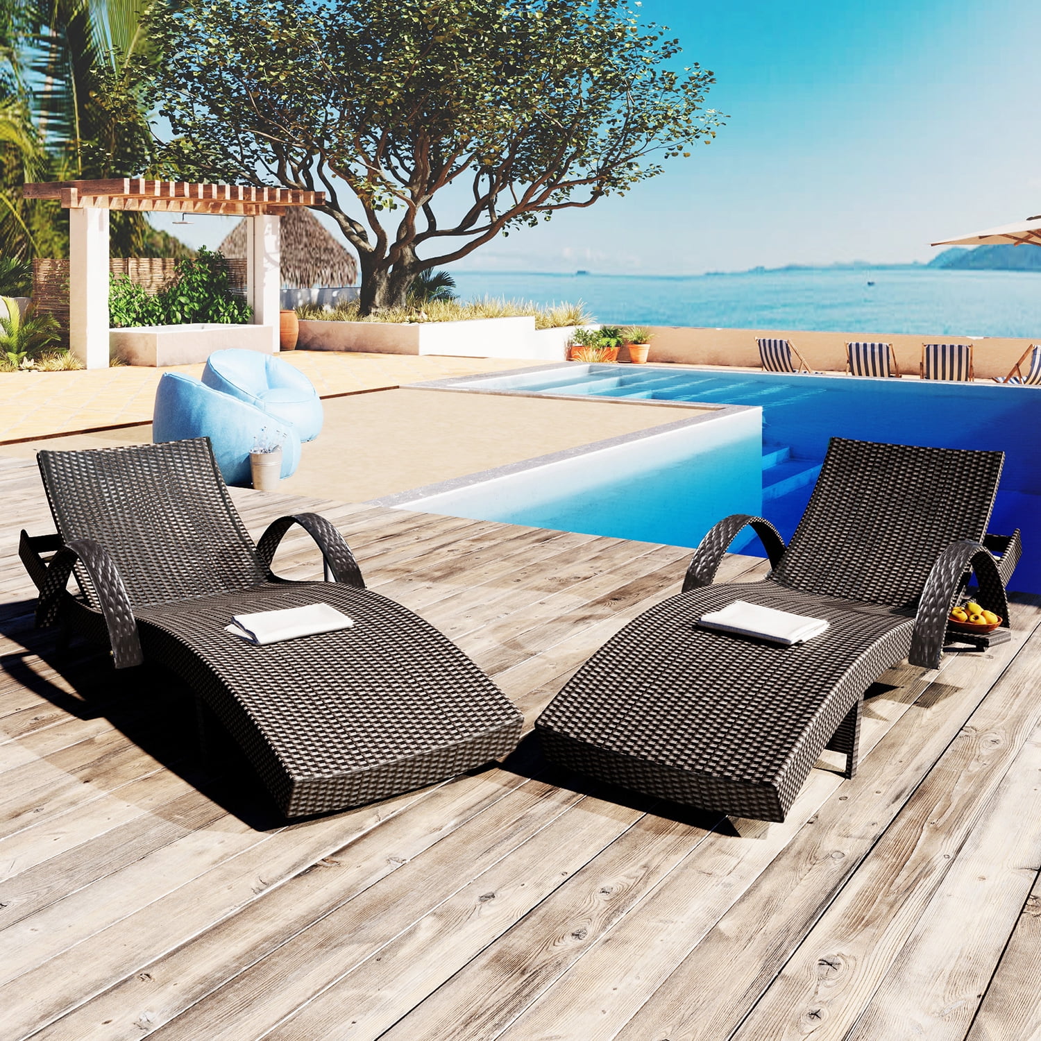 Aimee Lii Set of 2 Patio Wicker Adjustable Backrest Ergonomic Chaise Lounge Chairs with Pull-out Side Table, Convenient and Comfortable, Brown