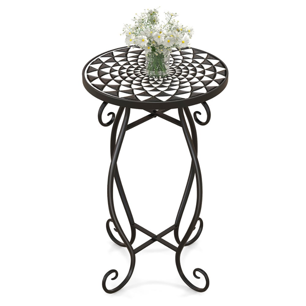 Aimee Lii Small Plant Stand with Weather Resistant Ceramic Tile Tabletop, Plant Display Stand for Living Room, Balcony, Black & White