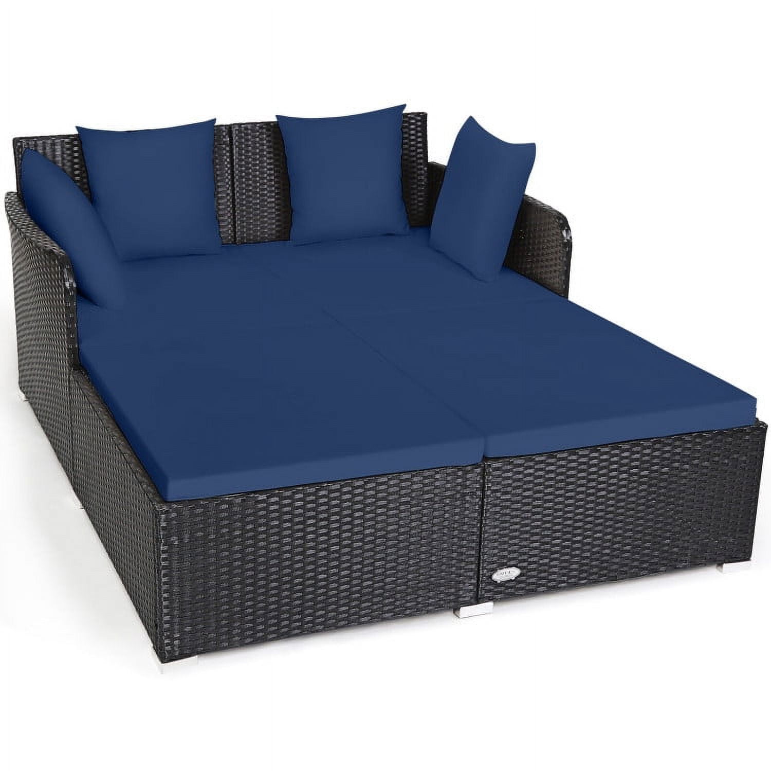Aimee Lii Spacious Outdoor Rattan Daybed with Upholstered Cushions and Pillows, Outdoor Deck Furniture, Navy Aimee Lii Spacious Outdoor Rattan Daybed with Upholstered Cushions and Pillows, Outdoor Deck Furniture, Navy