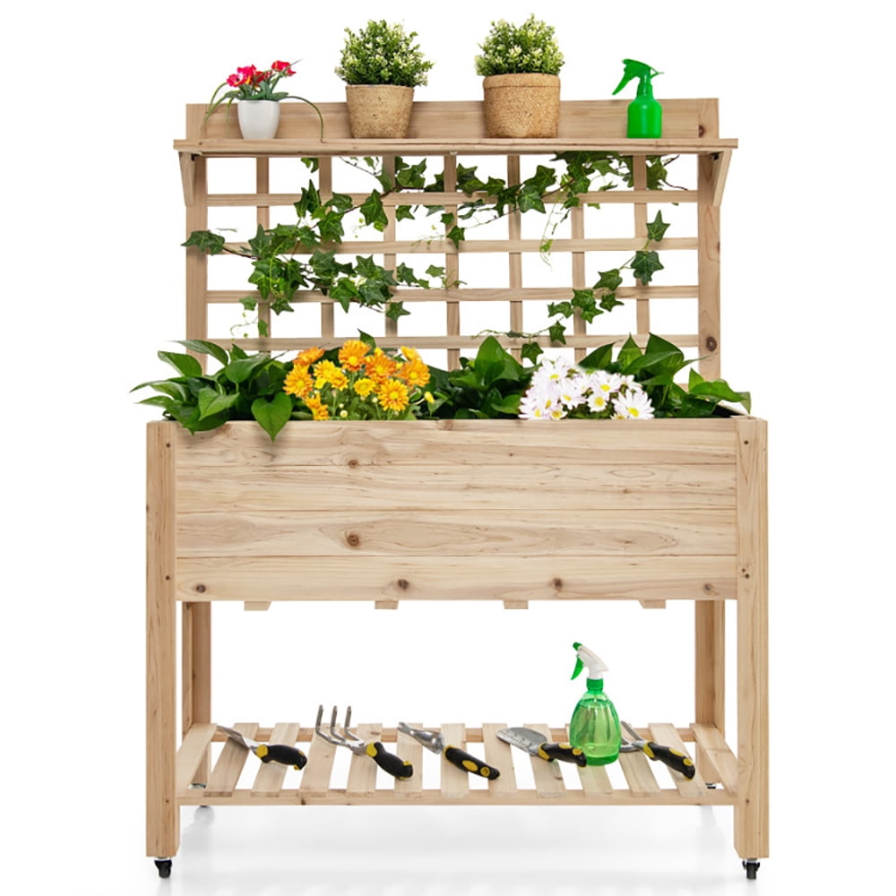 Aimee Lii Wooden Raised Garden Bed with Wheels Trellis and Storage Shelf, Planters for Outdoor Plants, Raised Planter Box with Legs