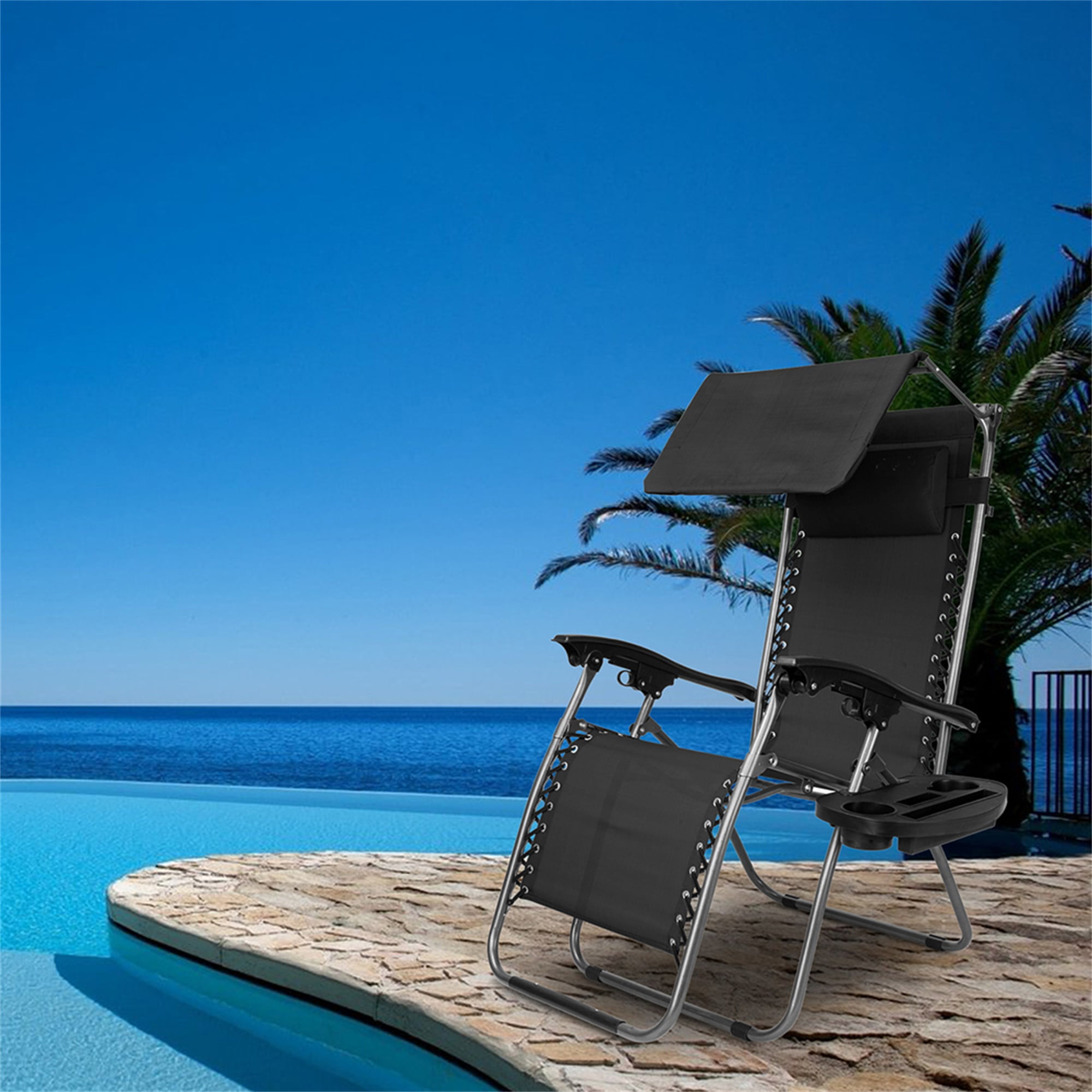 Aimee Lii Zero Gravity Chair with Awning , Outdoor Lounge Patio Chairs with Pillow and Utility Tray Adjustable Folding Recliner for Deck,Patio,Beach,Yard,Black