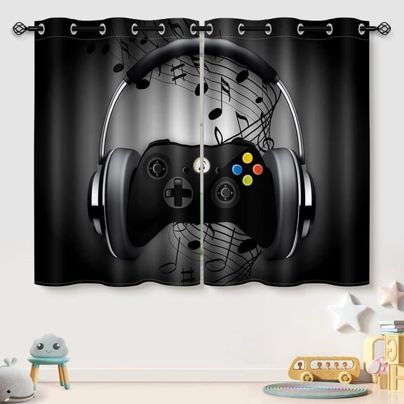 Aimego Gaming Gamer Game Controller Blackout Curtains for Kids Boys Teens Child Bedroom Decor Playroom Living Room Gamepad Headphone Musical Notes Darkening Grommet Window Drapes 2 Panels, 42" x 63"