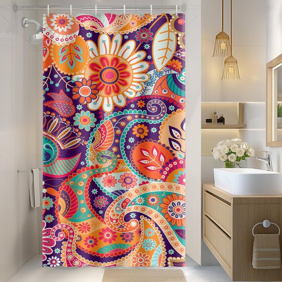 Aimego Stall Small Shower Curtain - Boho Paisley Floral Mandala Indian Bohemian Colorful Flowers Narrow Half Fabric Cloth Shower Curtain Set with 12 Hooks Bathroom Decor Bath Curtain, 36"x72"