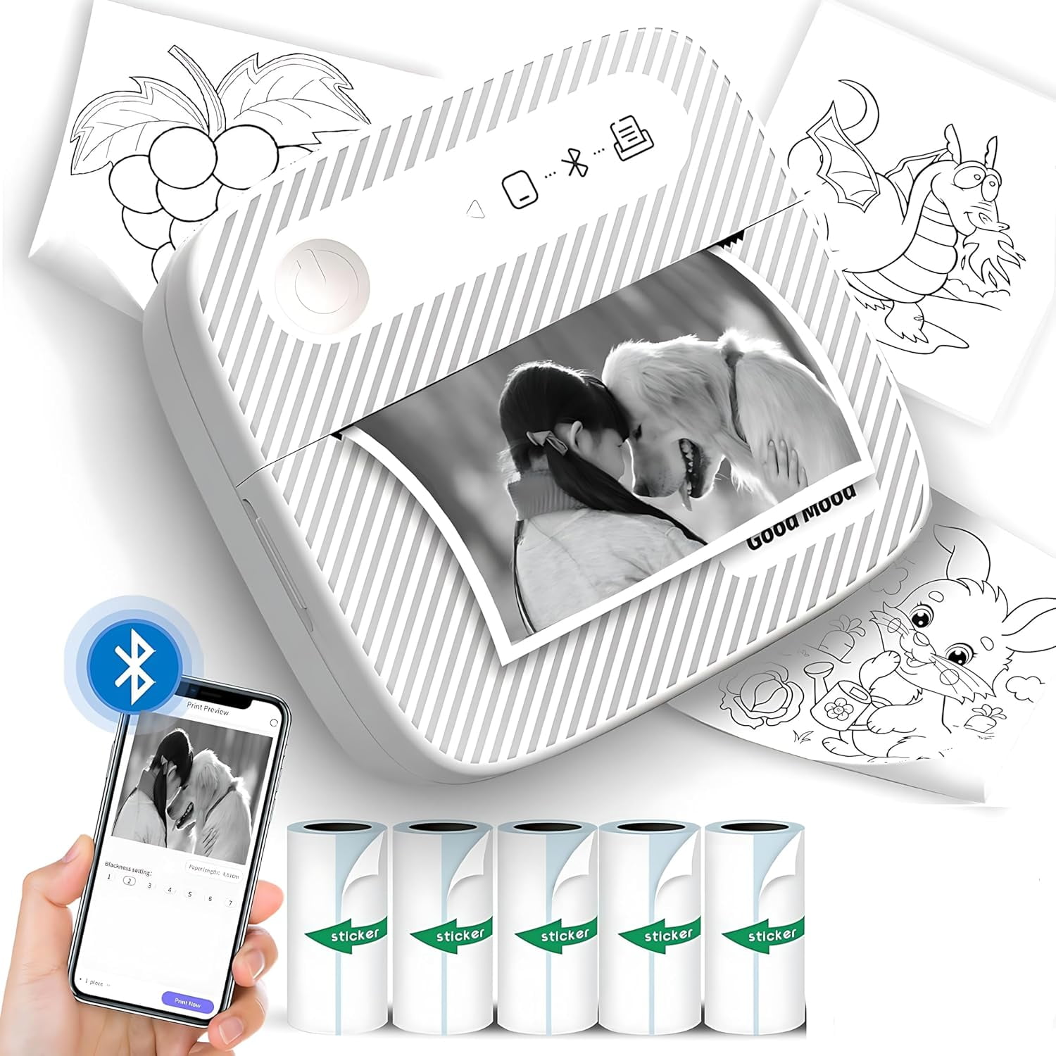 Aimery Mini Printer with 5 Rolls Sticker Paper, Bluetooth Portable