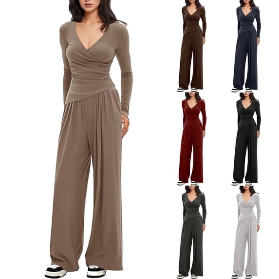 Aimik 2 Piece Outfits for Women Long Sleeve V Neck Wrap Top and Wide Leg Pants Set with Pockets Fall Casual Lounge Sets for Women