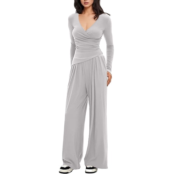 Aimik 2 Piece Outfits for Women Long Sleeve V Neck Wrap Top and Wide Leg Pants Set with Pockets Fall Casual Lounge Sets for Women