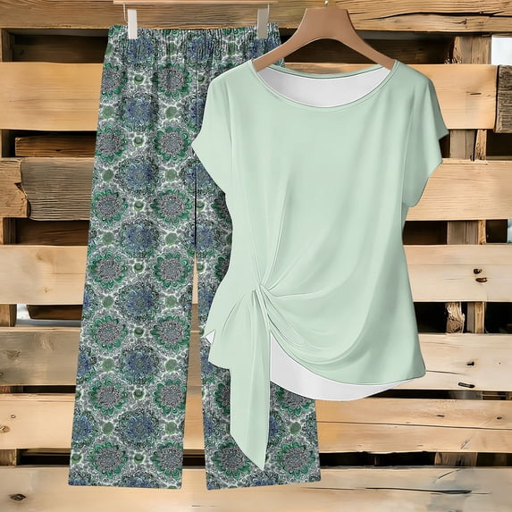 Aimik 2 Piece Sets for Women Twist Front Top and Printed Wide Leg Pants Summer Casual Lounge Outfit Sets with Pockets