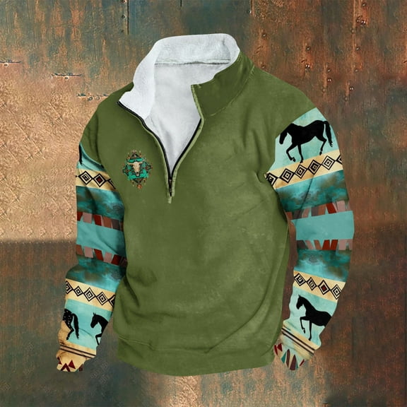 Aimik Aztec Sweatshirts for Men Casual Long Sleeve 1/4 Zip Fleece Stand Collar Pullover Sweaters Western Tops-Green XL