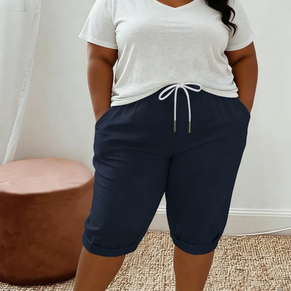 Aimik Casual Capris Shorts for Women Fashionable Solid Color Elastic Waist Plus Size Short Pants with Drawstring and Pockets