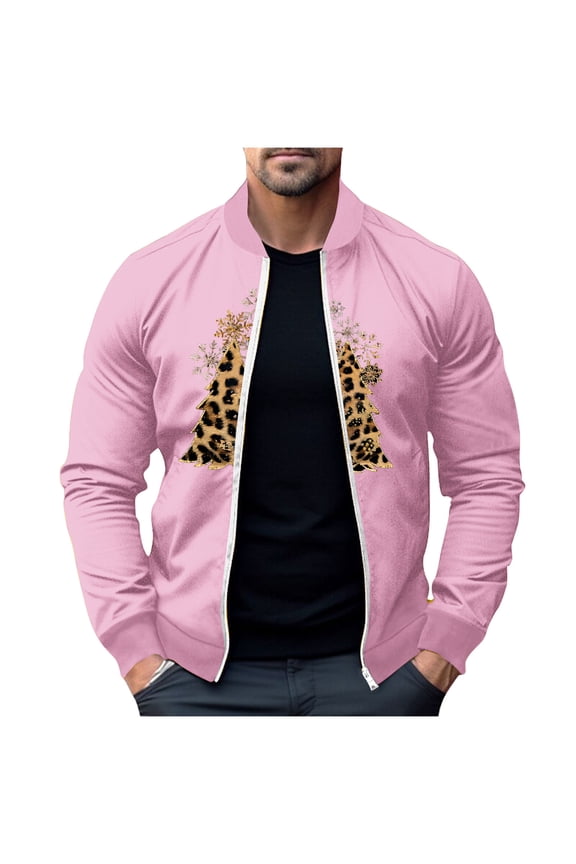 Christmas Bomber Jackets for Men Winter Casual Quilted Jacket Warm Windproof Padded Jackets Zip Up Coats-Pink M