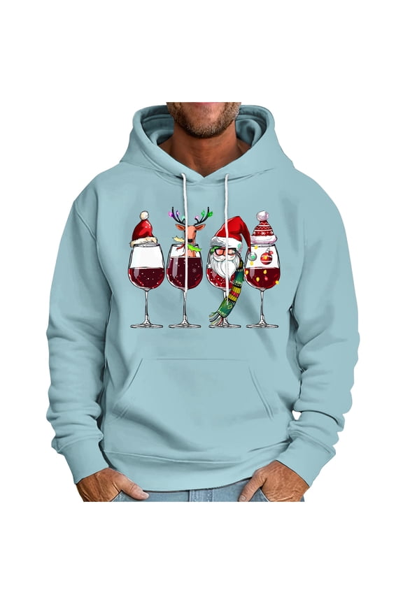 Christmas Hoodies for Men Fashion Funny Snowflake Reindeer Print Hoodies Drawstring Long Sleeve Pullover Sweatshirts-Light Blue M