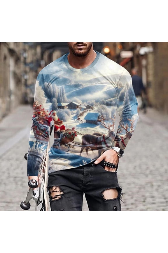 Christmas Tops for Men Crewneck Sweatshirt Women Men Funny Xmas Shirts Novelty 3D Graphic Long Sleeve Pullover Sweater-Light Blue M