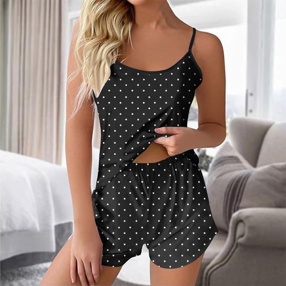 Aimik Comfy Pajamas Set for Women Polka Dot Print Strapless Tank Top and Patchwork Shorts Casual Pajama Set Summer Loose Suits