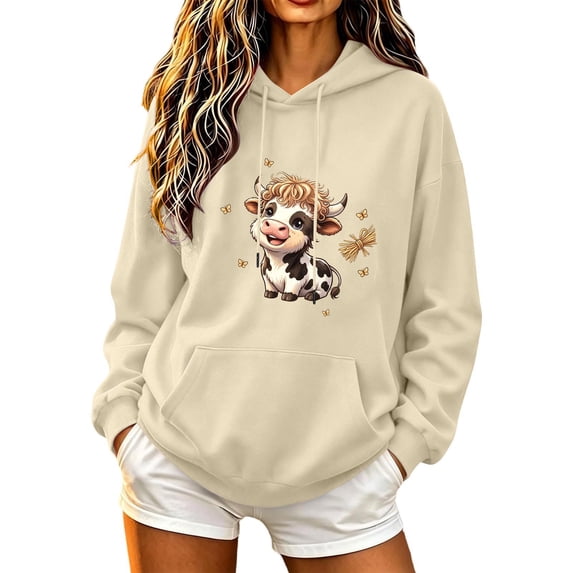 Aimik Cute Graphic Hoodies Sweatshirts for Women Fall Winter Drawstring Cow Print Pullover Tops Womens Loose Comfy Clothes with Pocket