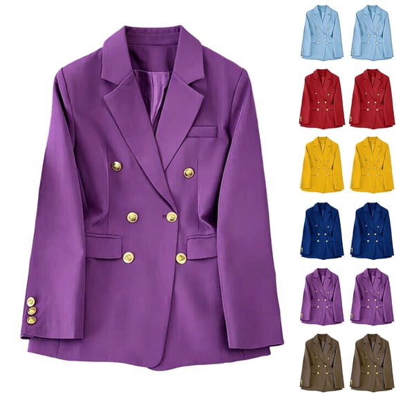 Aimik Double Breasted Blazer for Women Long Sleeve Lapel Collar Button Down Office Suit Jacket with Pockets,Purple,S