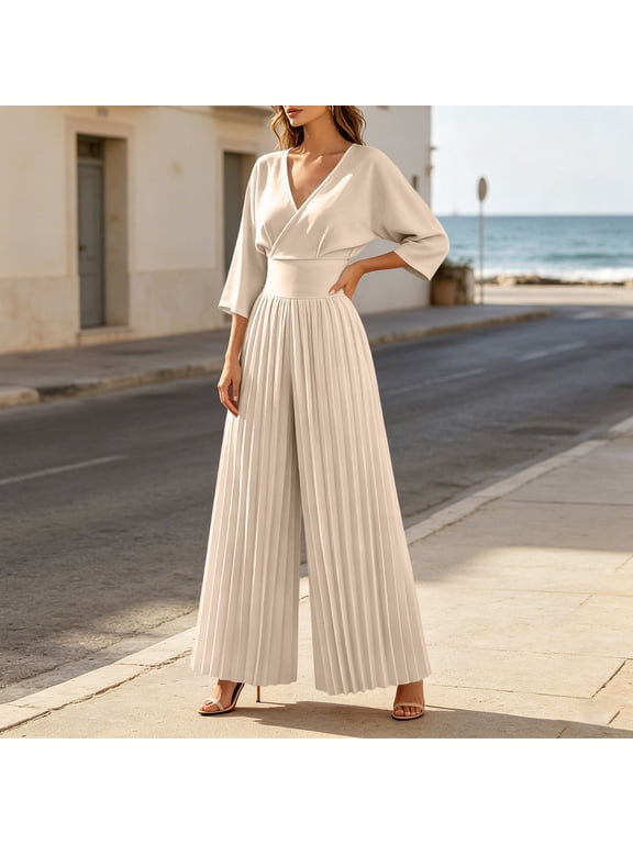 Dressy Jumpsuits for Women Dressy 3/4 Sleeve Wrap V Neck Pleated Wide Leg Jumpsuits Summer Fall Fashion Womens Jumpsuit for Vacation