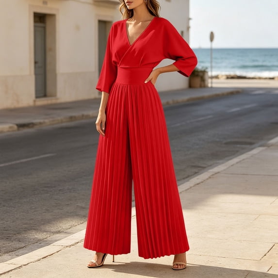 Aimik Dressy Jumpsuits for Women Dressy 3/4 Sleeve Wrap V Neck Pleated Wide Leg Jumpsuits Summer Fall Fashion Womens Jumpsuit for Vacation