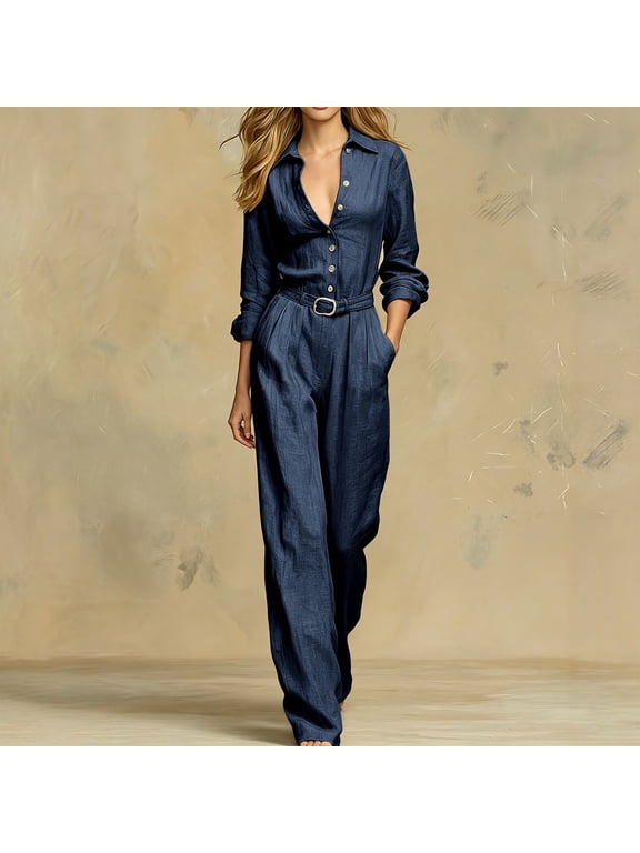 Dressy Jumpsuits for Women Long Sleeve Lapel Belted Wide Leg Jumpsuits Fall Fashion Womens Jumpsuit for Vacation