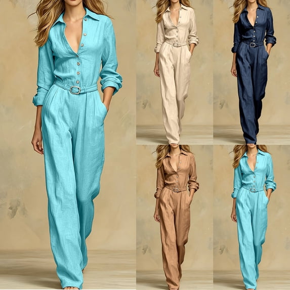 Aimik Dressy Jumpsuits for Women Long Sleeve Lapel Belted Wide Leg Jumpsuits Fall Fashion Womens Jumpsuit for Vacation