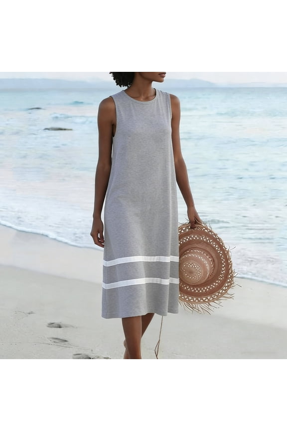 Fashion Women Striped Print Round-Neck Sleeveless Knee-High Dress Summer Casual and Loose Long Dress